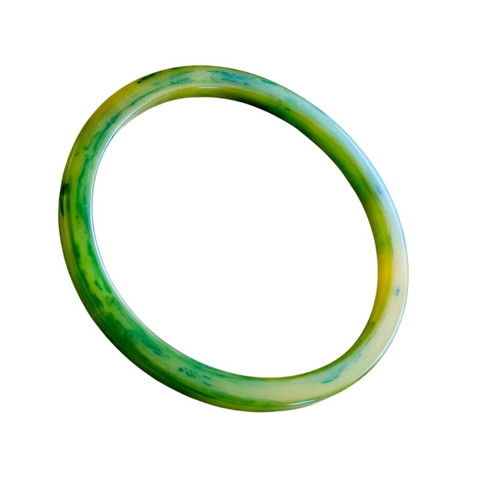 VTG Green Spinach Yellow Swirl Bakelite Bangle Bracelet Tested Art Deco Marbled